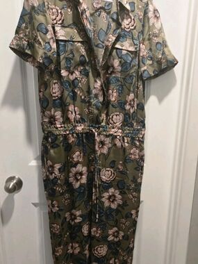 Ralph Lauren Olive Floral Jumpsuit with Blue and Cream Flowers